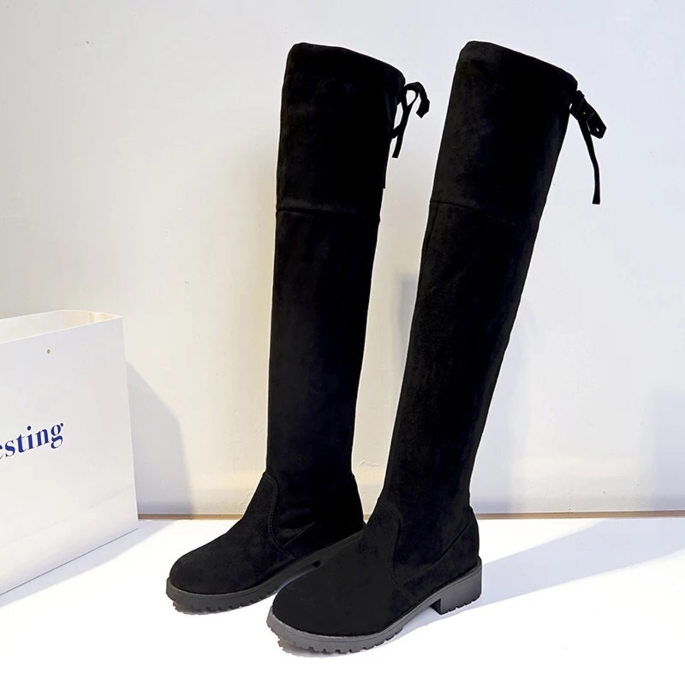 CLEARANCE RESTOCK Vegan Suede Velvet Black Sexy Flat Over Knee Line Boots - Picture 2 of 11